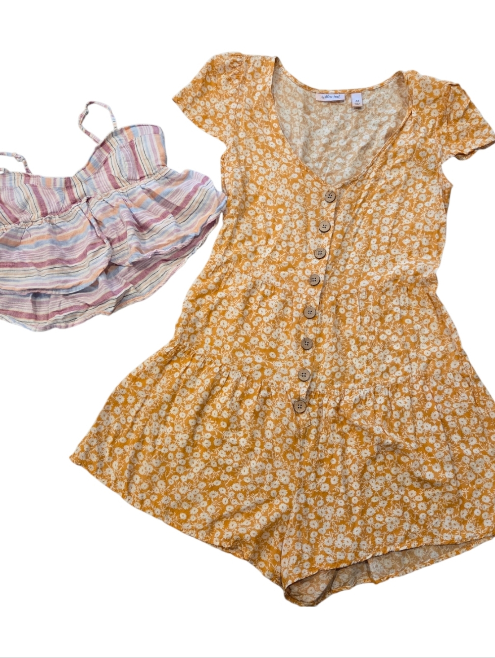 Whimsical Yellow Floral ButtonUp Romper & Babydoll Candy Colored Camisole SZ: XS